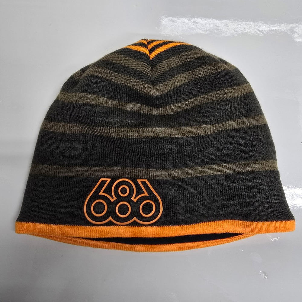 686 Striped Beanie Hat Mens Gray Orange Acrylic Fleece Lined Snowboard Hat